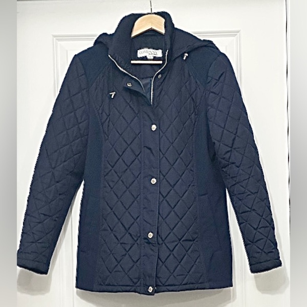 ELLEN TRACEY Jacket Quilted Navy Cozy Hood Long Sleeve Zip Pkts Sz L